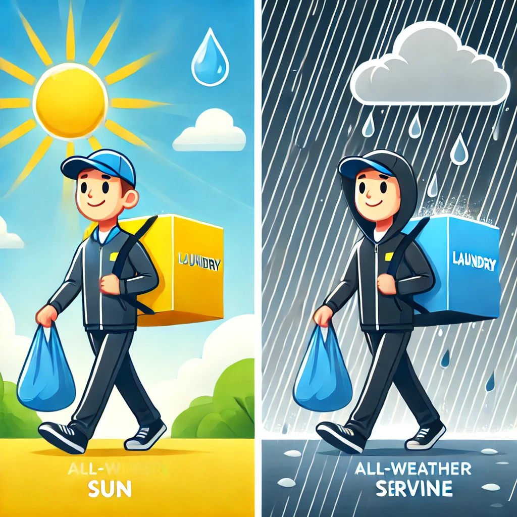 DALL·E 2025 02 25 06.29.26 A Delivery Person Carrying A Laundry Bag, Walking Confidently Under Both A Bright Sun And Heavy Rain, Symbolizing All Weather Service. The Background