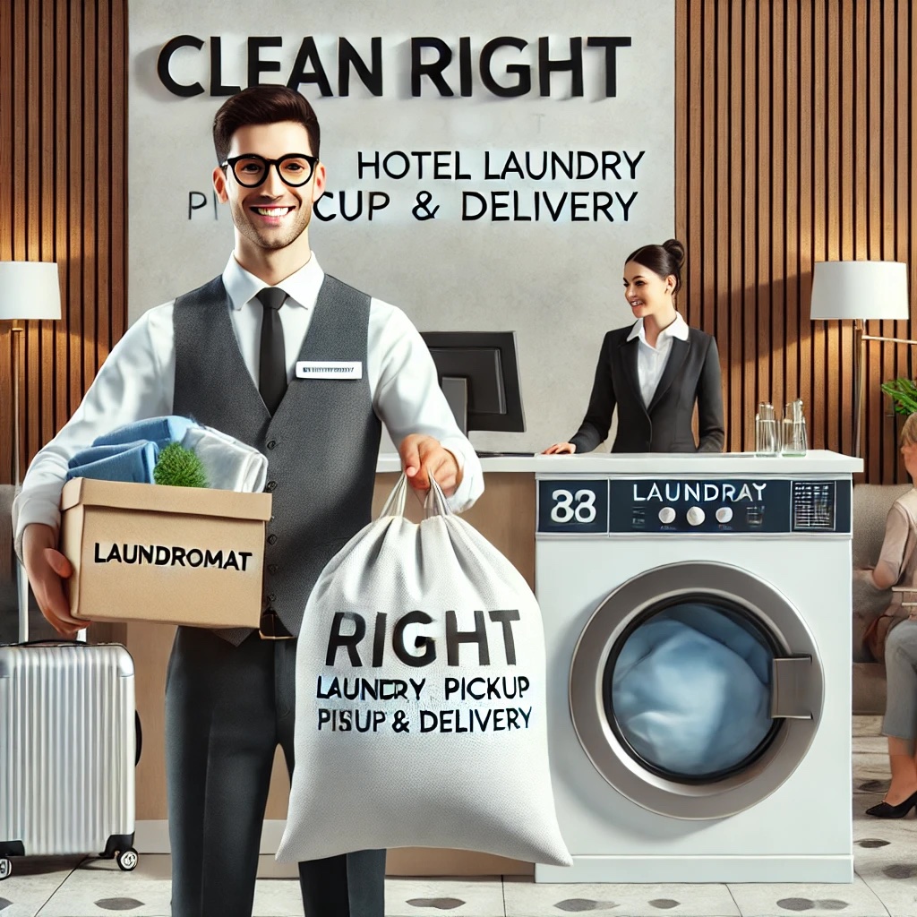 DALL·E 2025 02 28 10.42.18 A Clean And Modern Laundromat Service Promoting Hotel Laundry Pickup And Delivery. The Image Features A Friendly Staff Member In A Clean Right Laundro Copy