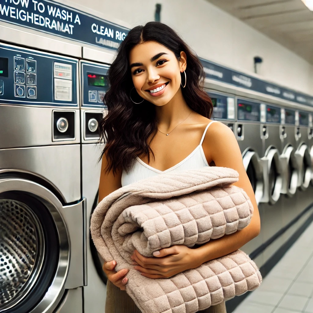 DALL·E 2025 03 13 06.33.50 A Latina Woman Holding A Weighted Blanket Inside A Laundromat. The Laundromat Is Clean And Modern, With Large Capacity Washing Machines Visible In The Copy